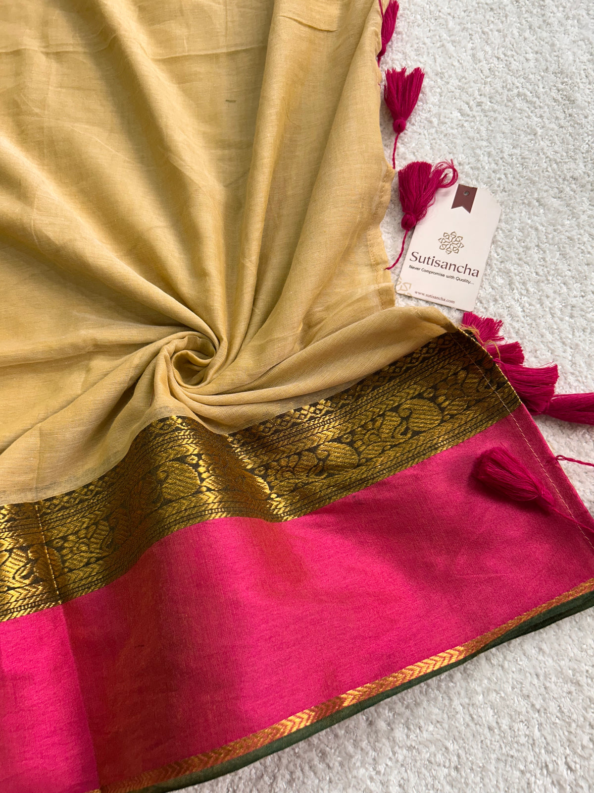 Mulaya Heritage Zari Panel Pure Mul Cotton Saree with Tassel Pallu