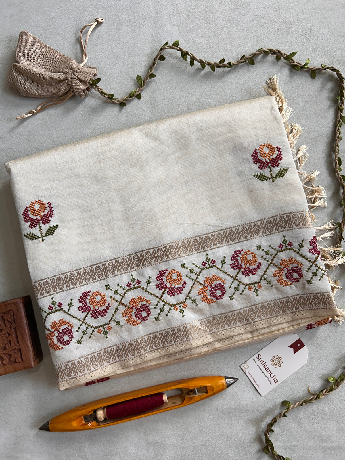 Evara Floral Vine Tussar Cotton Saree with Heritage Border