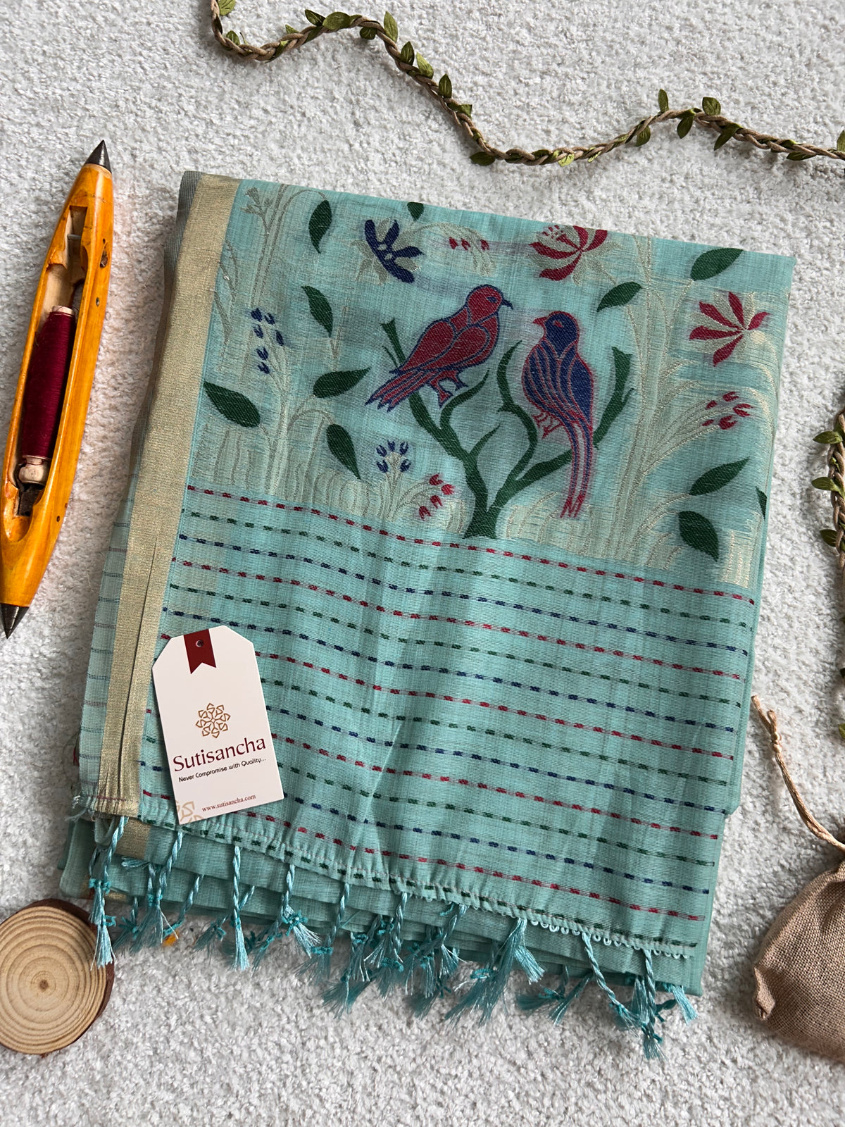 Vanmira Botanical Bird Thread Work Cotton Saree