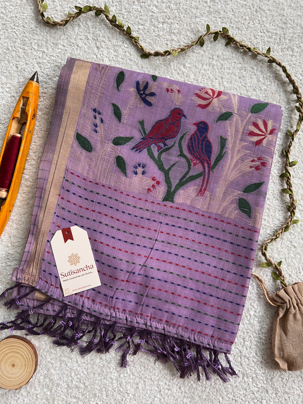 Vanmira Botanical Bird Thread Work Cotton Saree