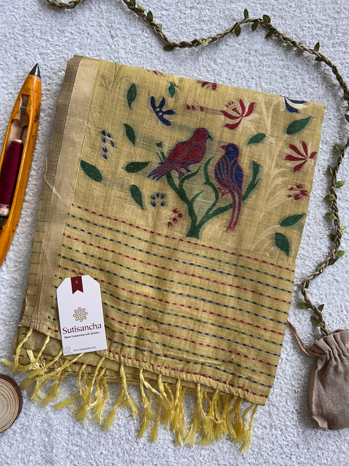 Vanmira Botanical Bird Thread Work Cotton Saree