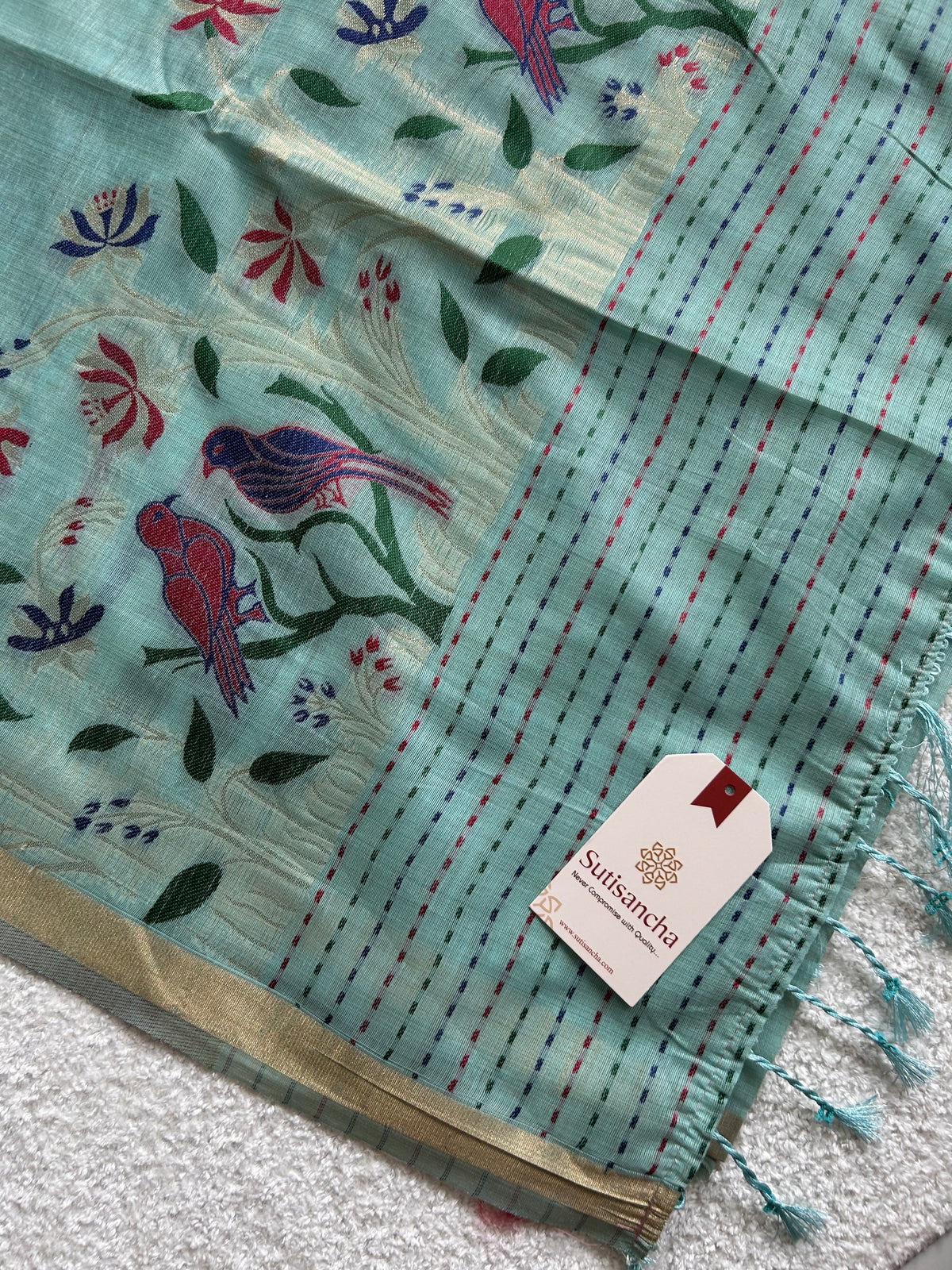 Vanmira Botanical Bird Thread Work Cotton Saree