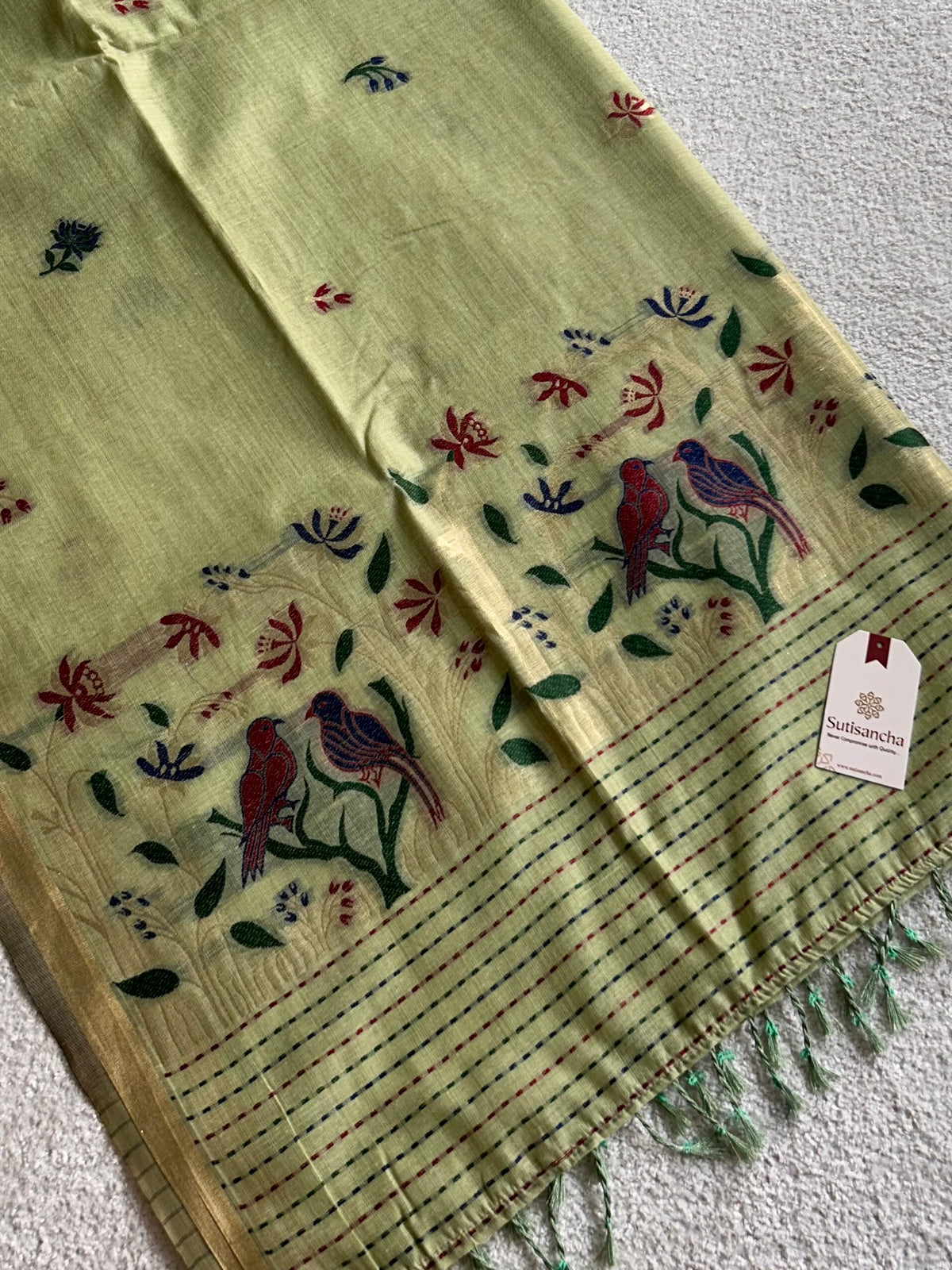 Vanmira Botanical Bird Thread Work Cotton Saree