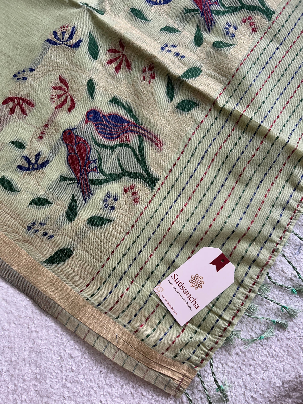 Vanmira Botanical Bird Thread Work Cotton Saree