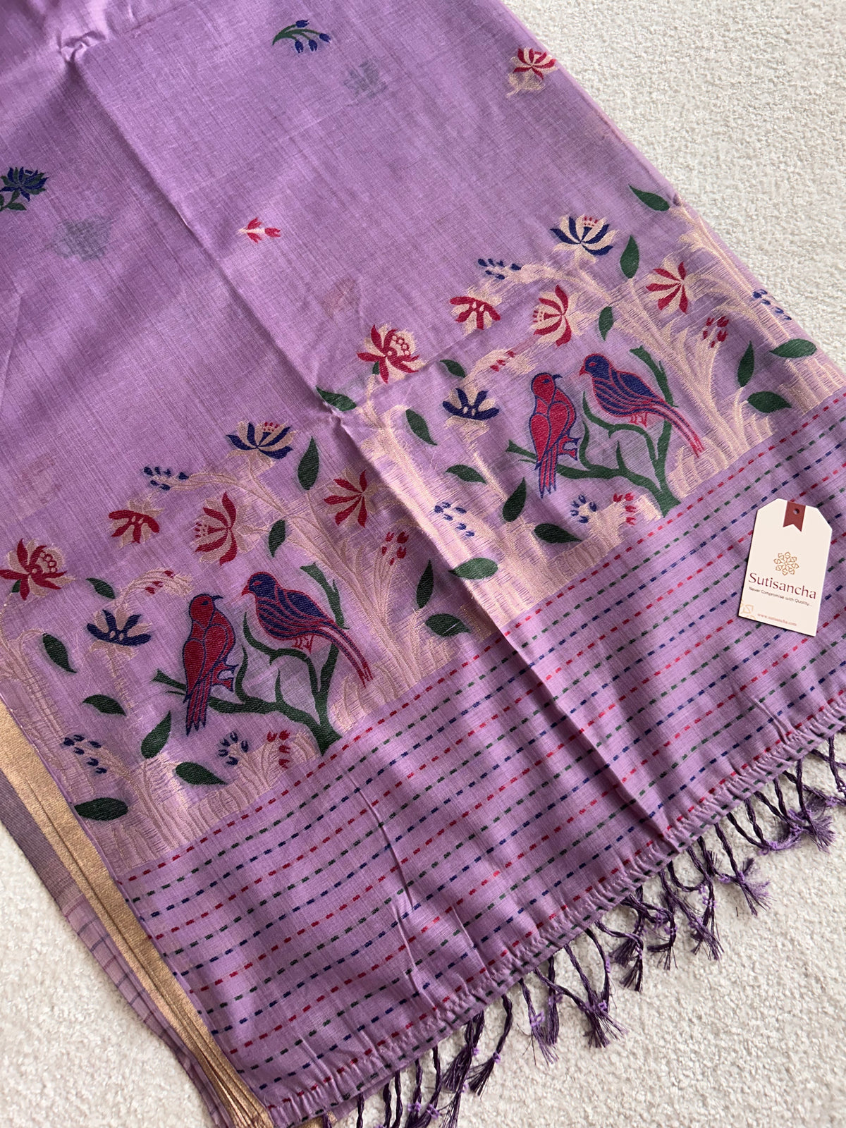 Vanmira Botanical Bird Thread Work Cotton Saree