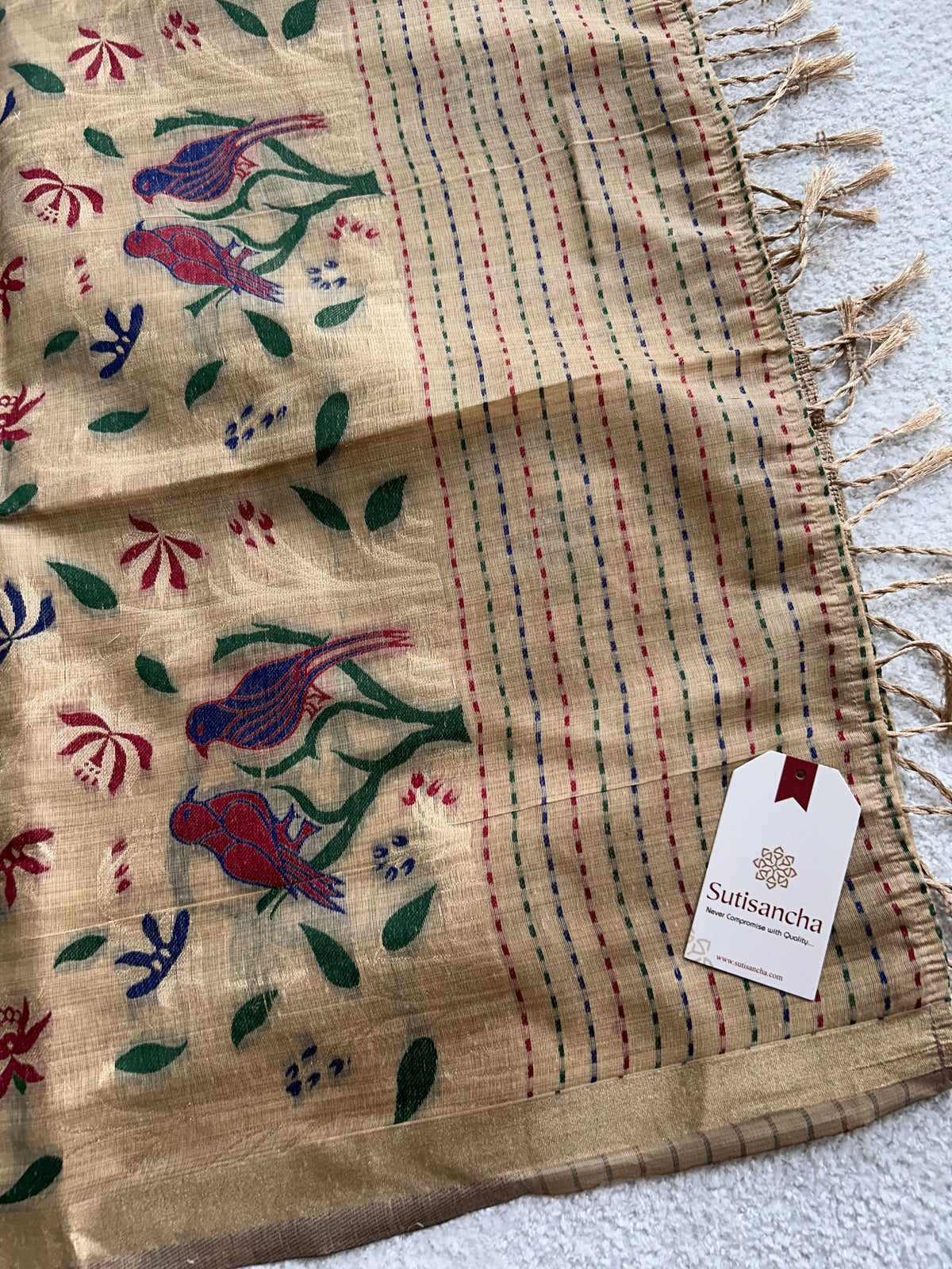 Vanmira Botanical Bird Thread Work Cotton Saree