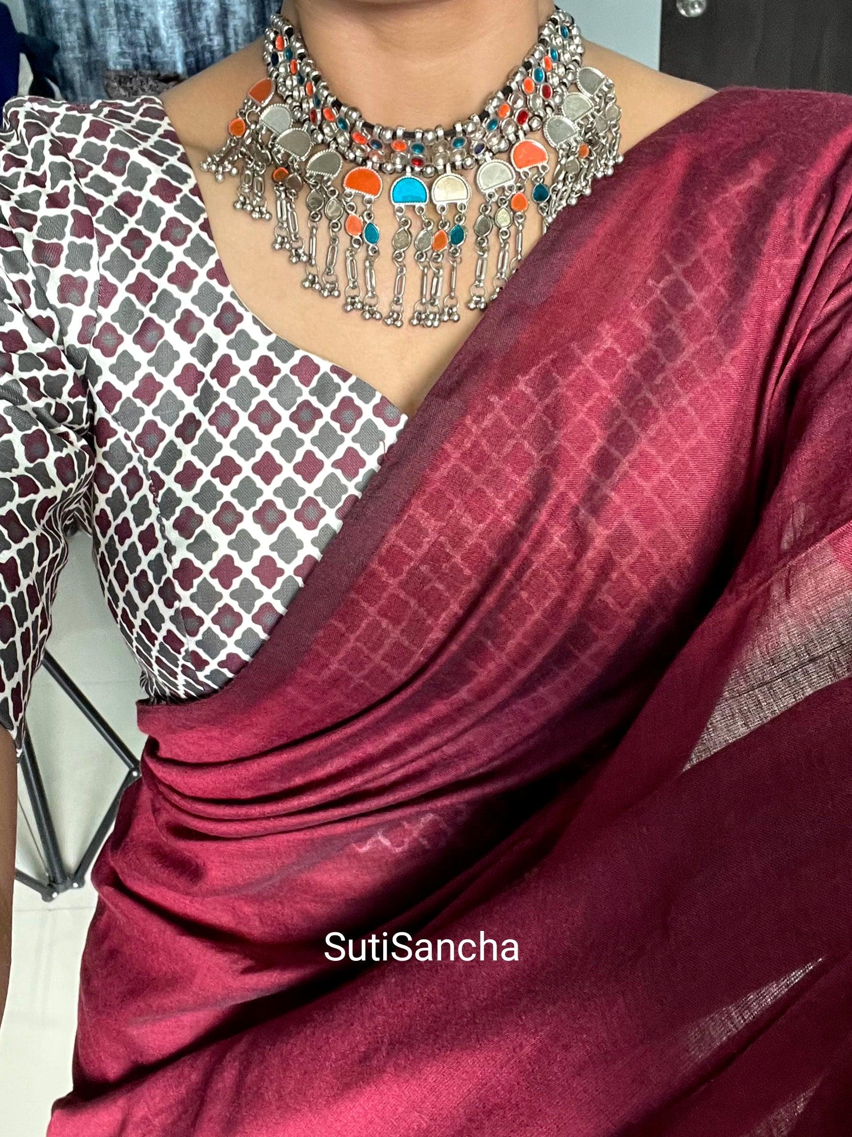 Sutisancha Maroon Khadi Saree & designer Blouse - Suti Sancha