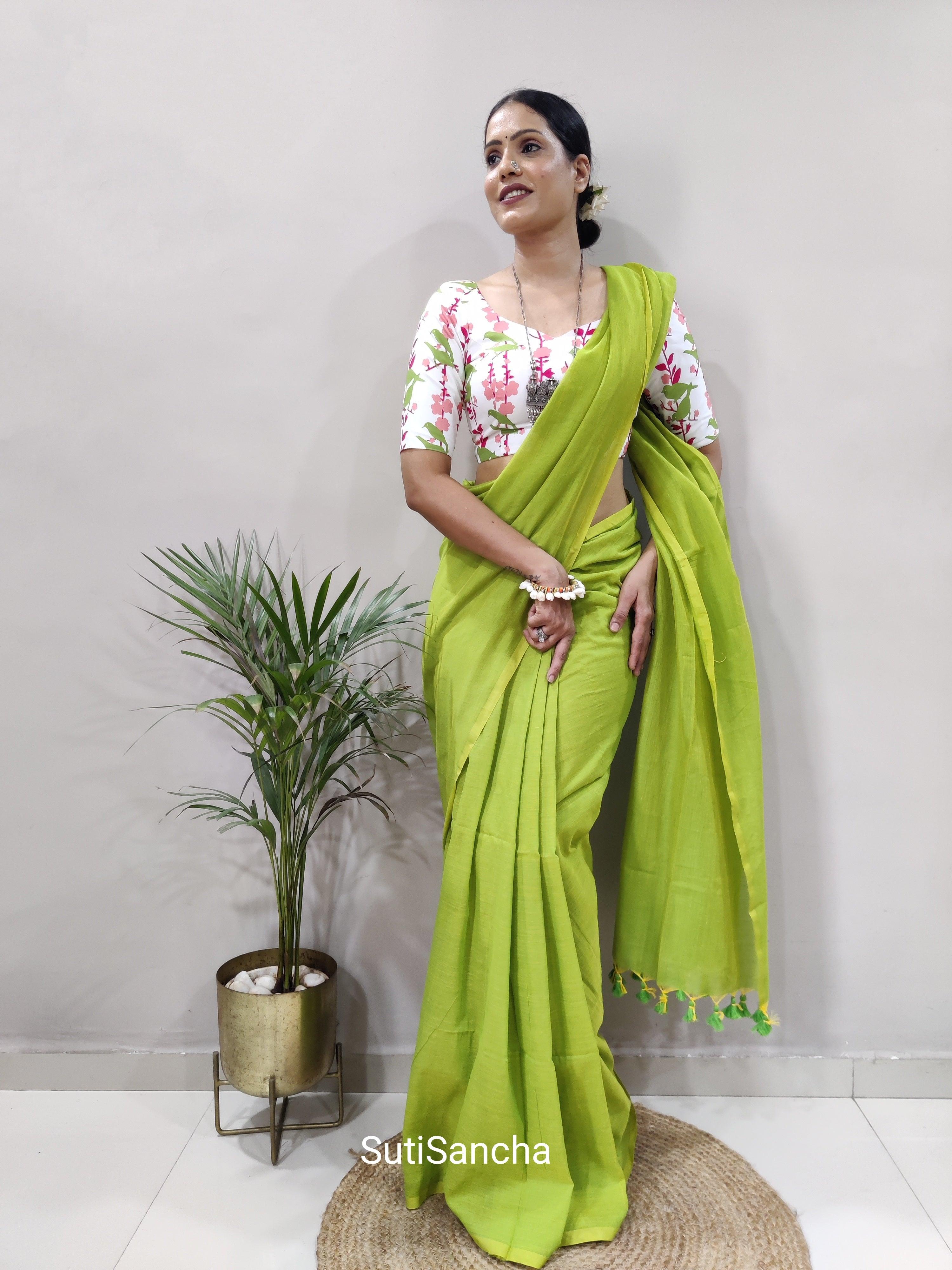 Sutisancha Parrot colour Khadi Saree & designer Blouse - Suti Sancha