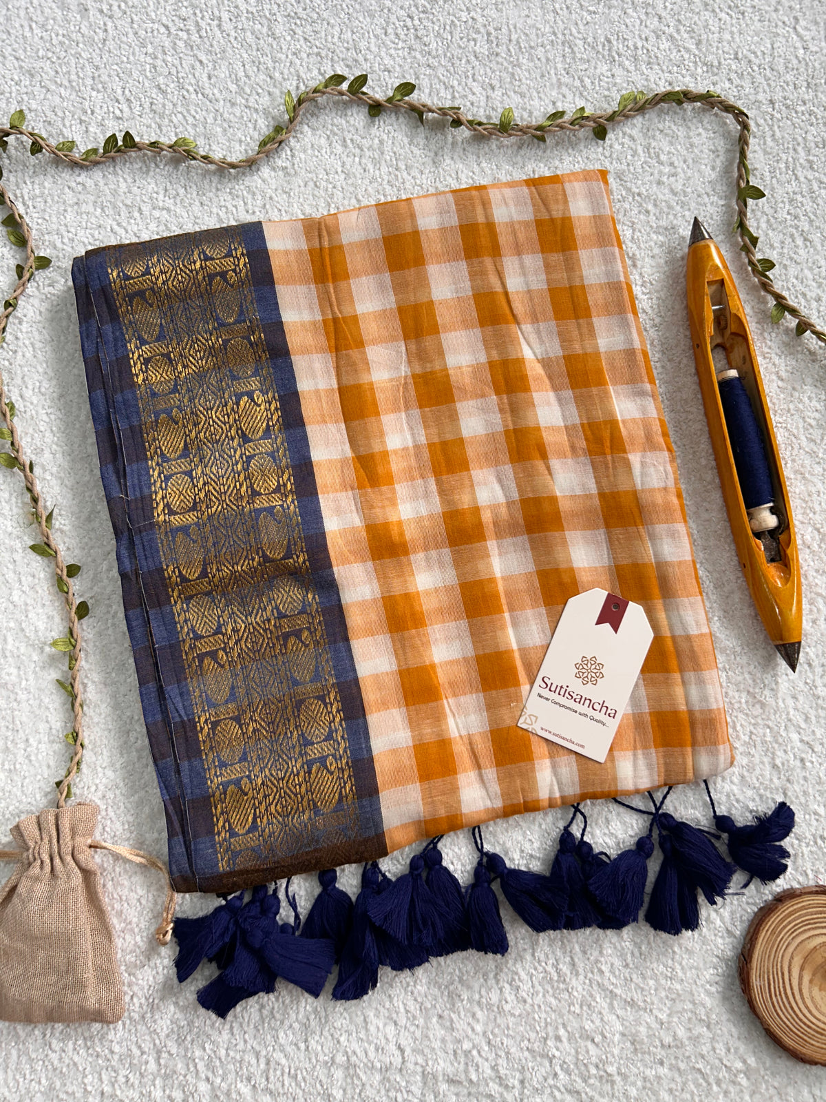 Mulaya Heritage Gingham Zari Border Pure Mul Cotton Saree