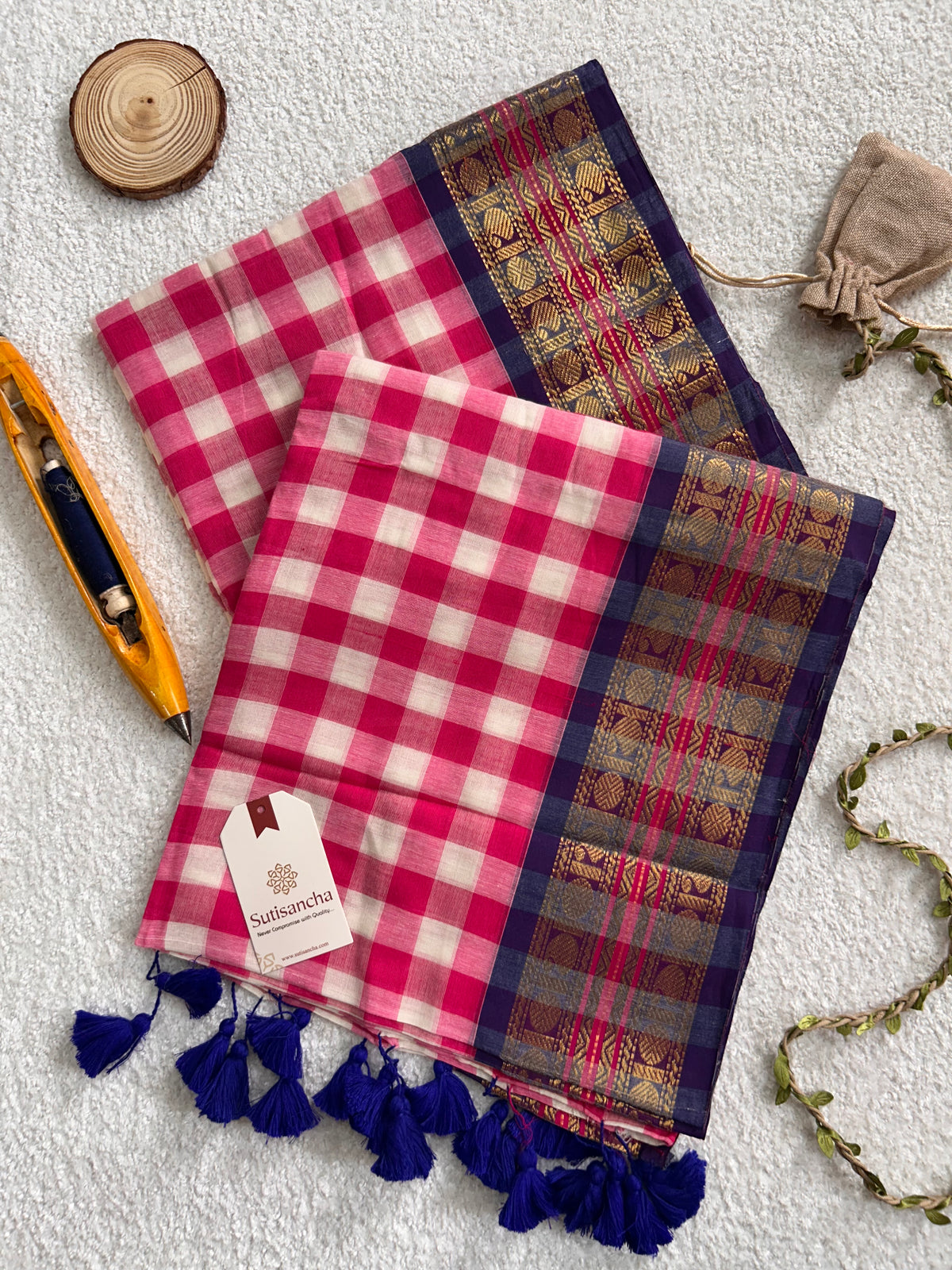 Mulaya Heritage Gingham Zari Border Pure Mul Cotton Saree