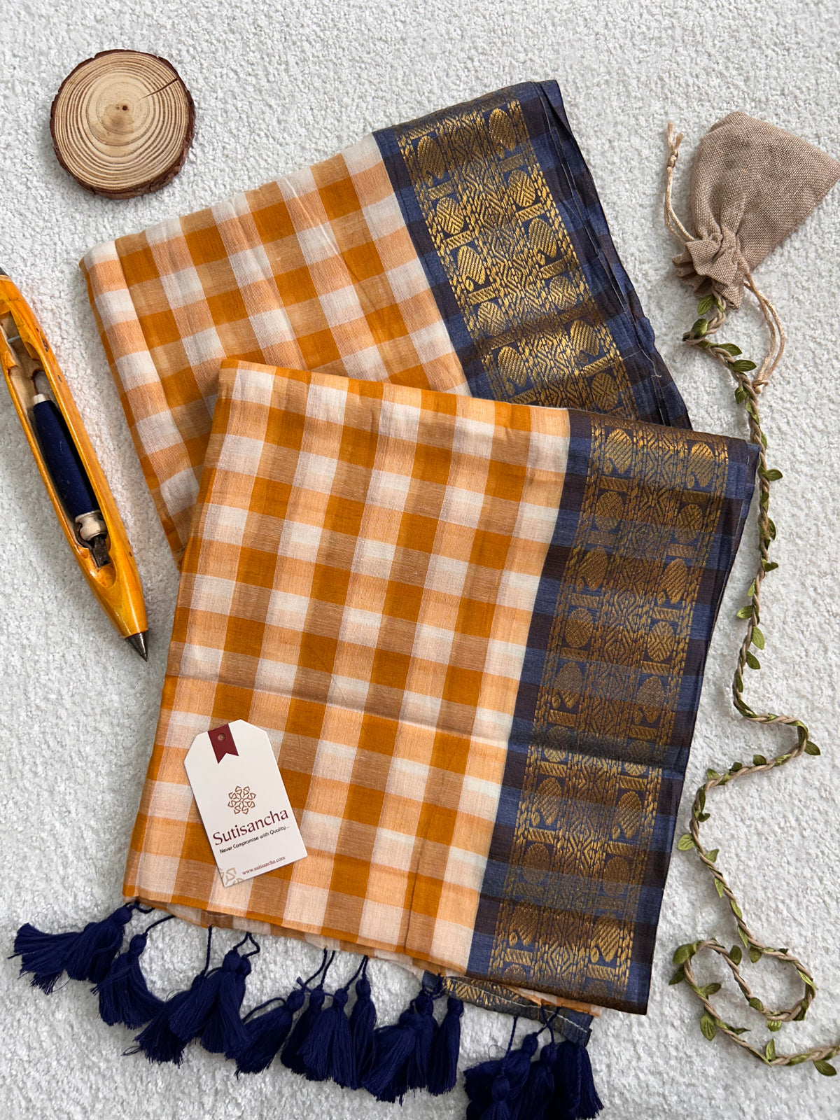 Mulaya Heritage Gingham Zari Border Pure Mul Cotton Saree