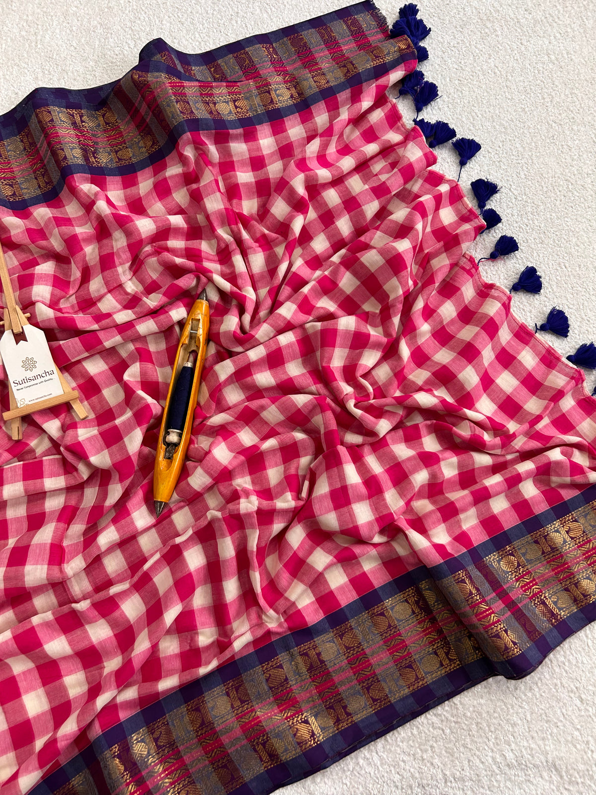 Mulaya Heritage Gingham Zari Border Pure Mul Cotton Saree