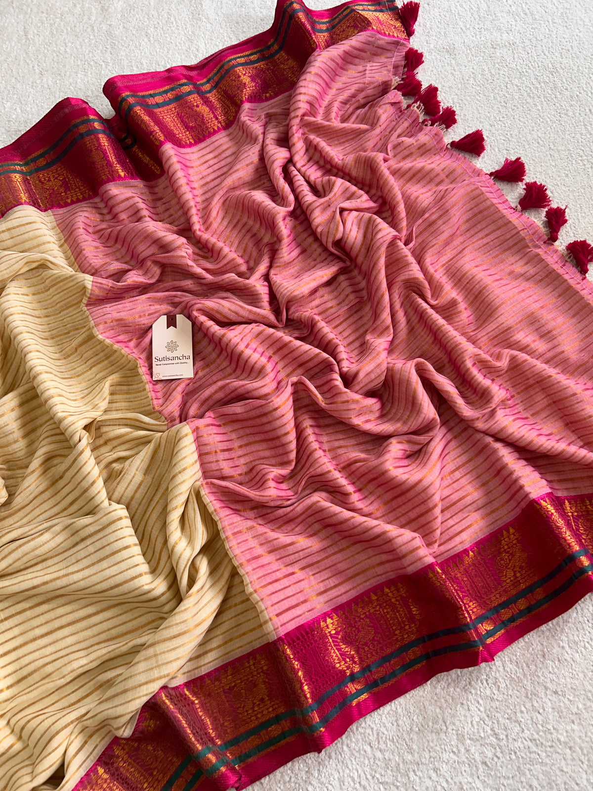 Mulaya Linear Zari Stripes Heritage Border Pure Mul Cotton Saree