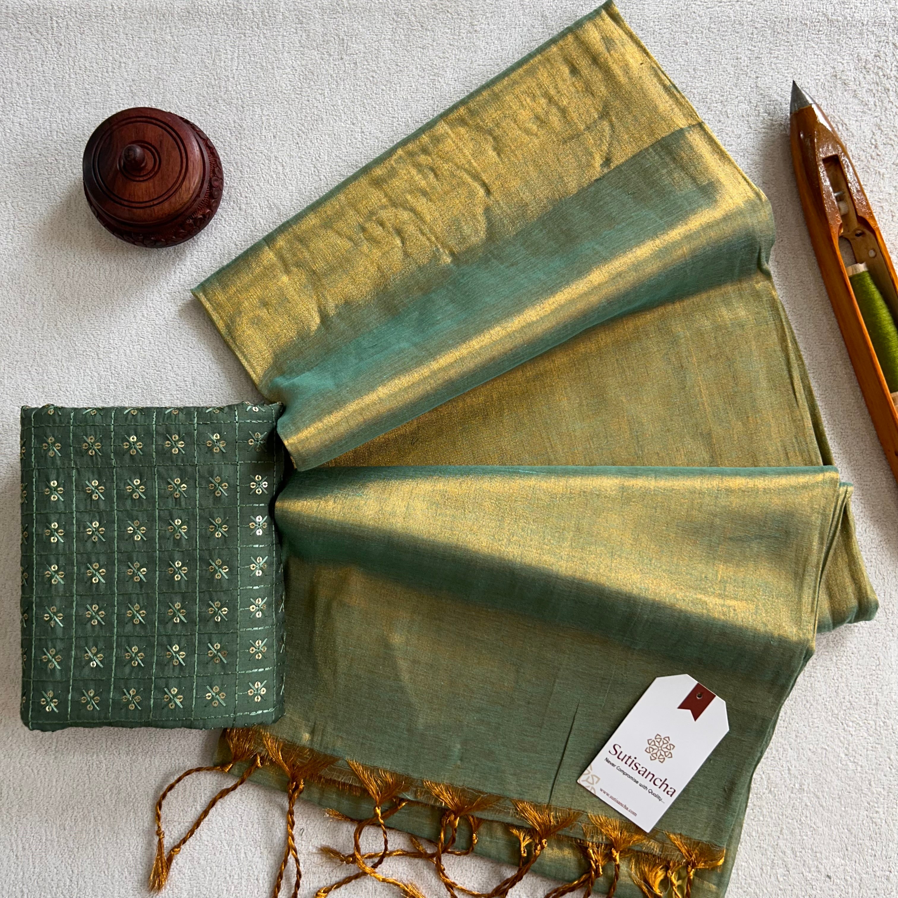 Sutisancha Mint green Handloom Tissue Saree With Designer Blouse