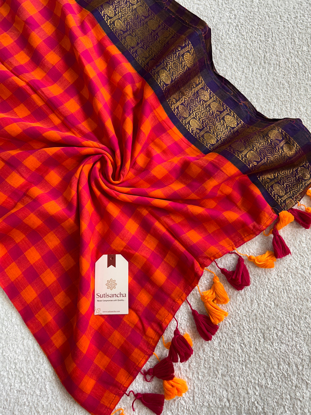Mulaya Heritage Checks Woven Zari Border Pure Mul Cotton Saree