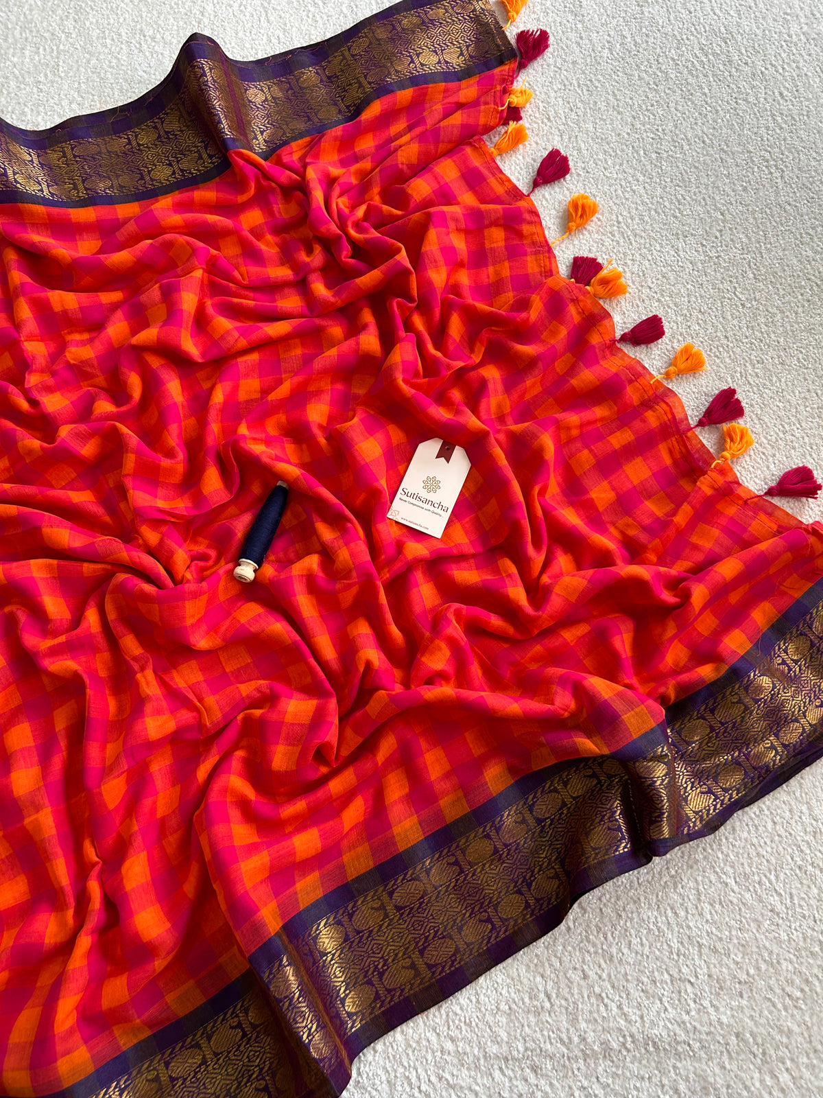 Mulaya Heritage Checks Woven Zari Border Pure Mul Cotton Saree