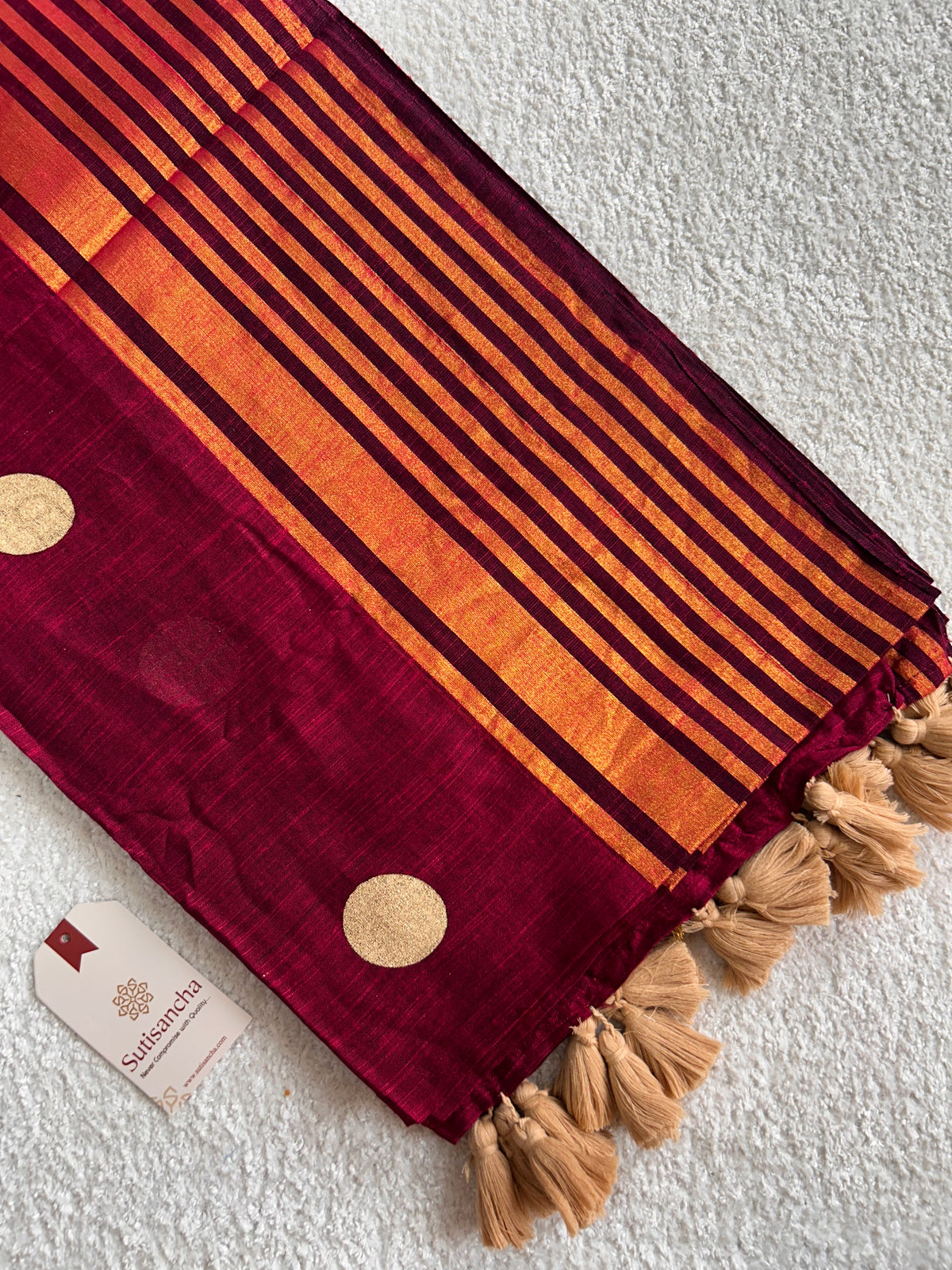 Kumud Zari Polka Multi Line Border Pure Mul Cotton Saree