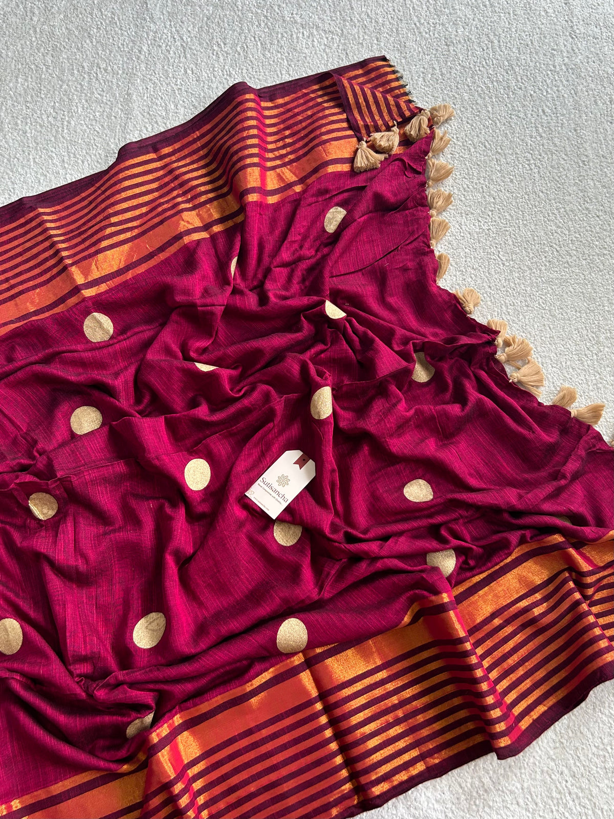 Kumud Zari Polka Multi Line Border Pure Mul Cotton Saree