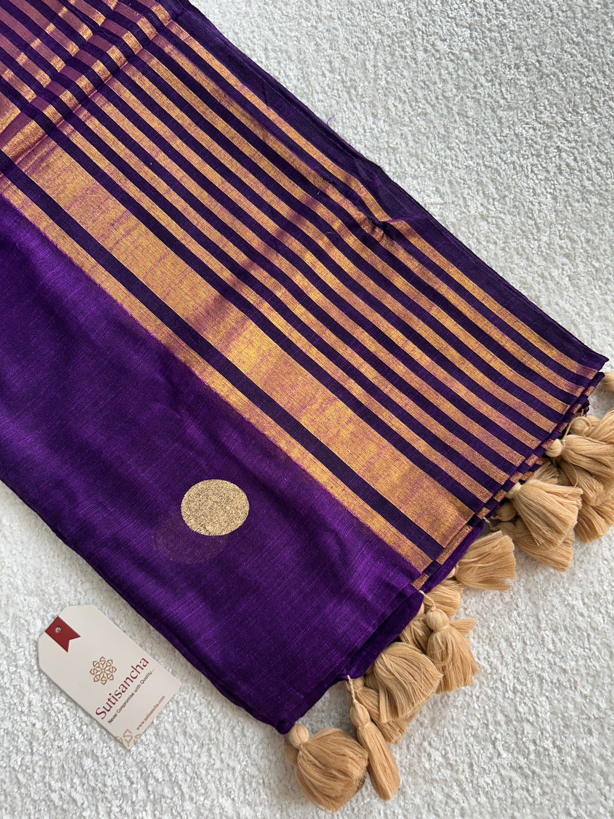 Kumud Zari Polka Multi Line Border Pure Mul Cotton Saree