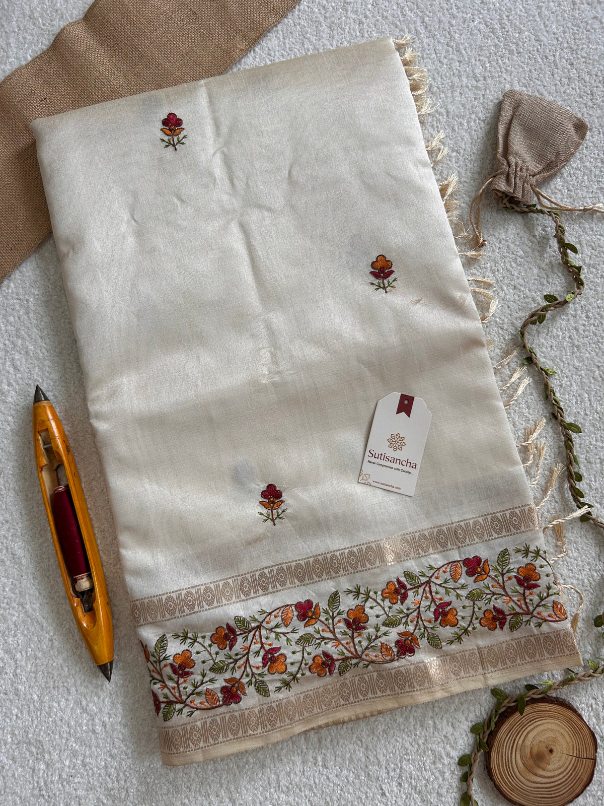 Evara Floral Vine Tussar Cotton Saree with Heritage Border