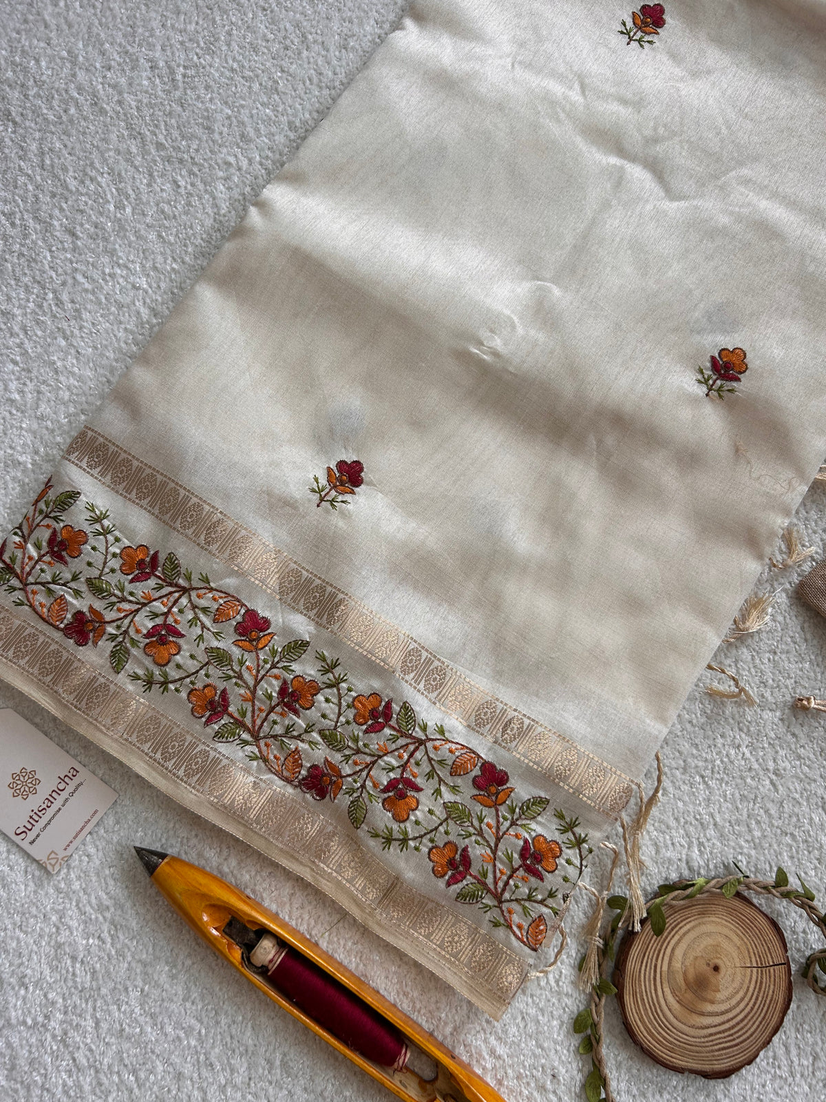 Evara Floral Vine Tussar Cotton Saree with Heritage Border