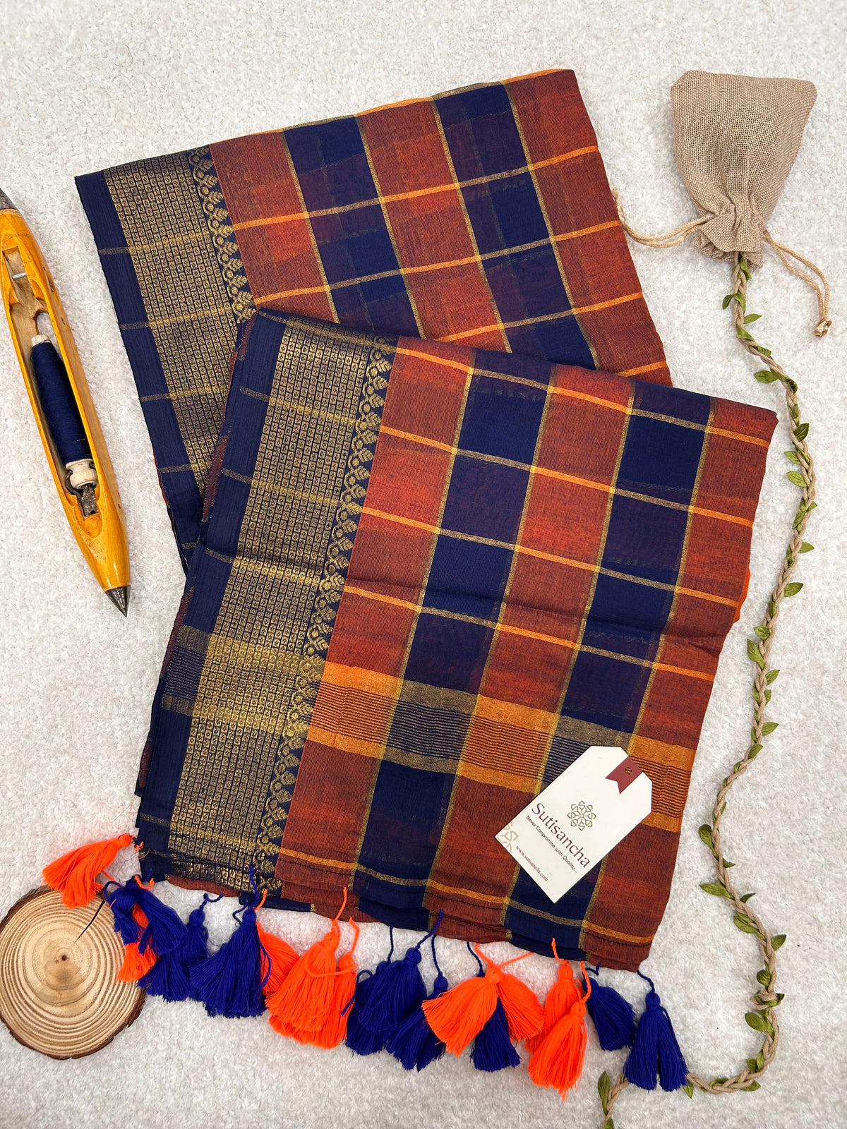 Charvi Heritage Check Zari Border Pure Mul Cotton Saree