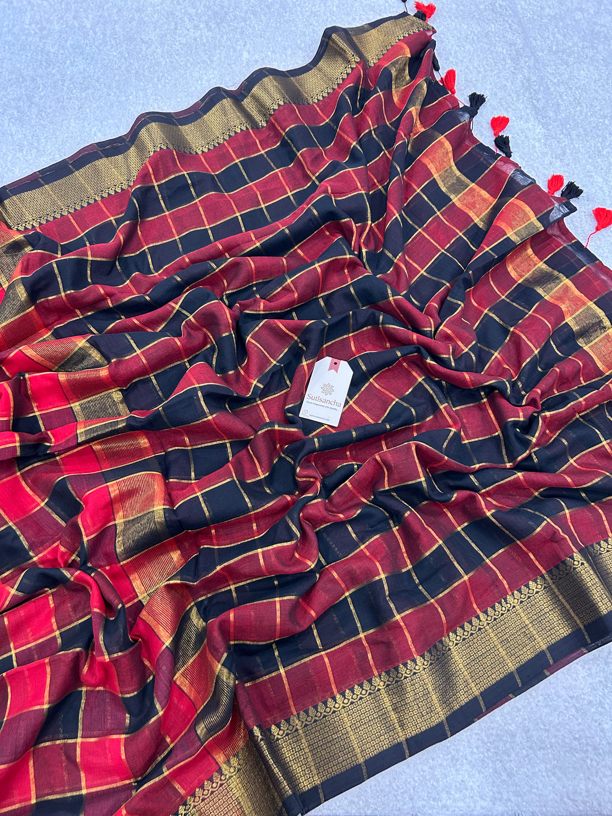 Charvi Heritage Check Zari Border Pure Mul Cotton Saree