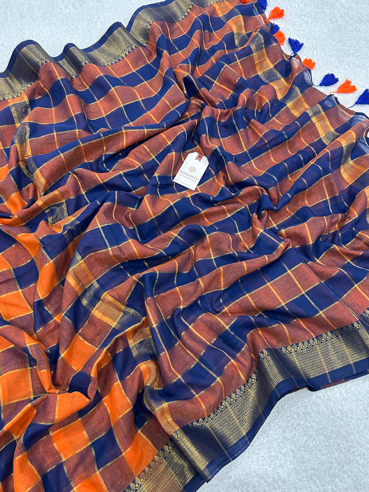 Charvi Heritage Check Zari Border Pure Mul Cotton Saree