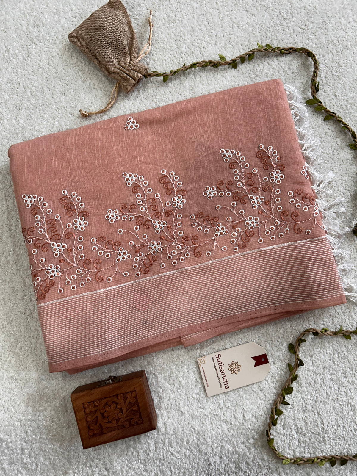 Nivara Botanical Vine Border Floral Detail Cotton Saree