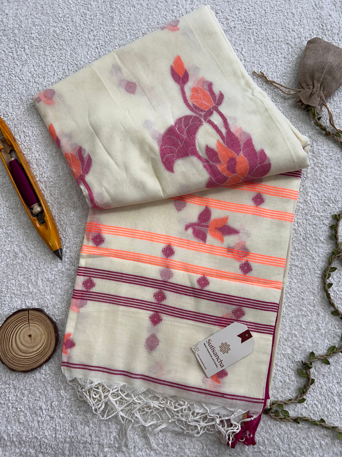 Lotus Linear Stripe Classic Pure Mul Cotton Saree
