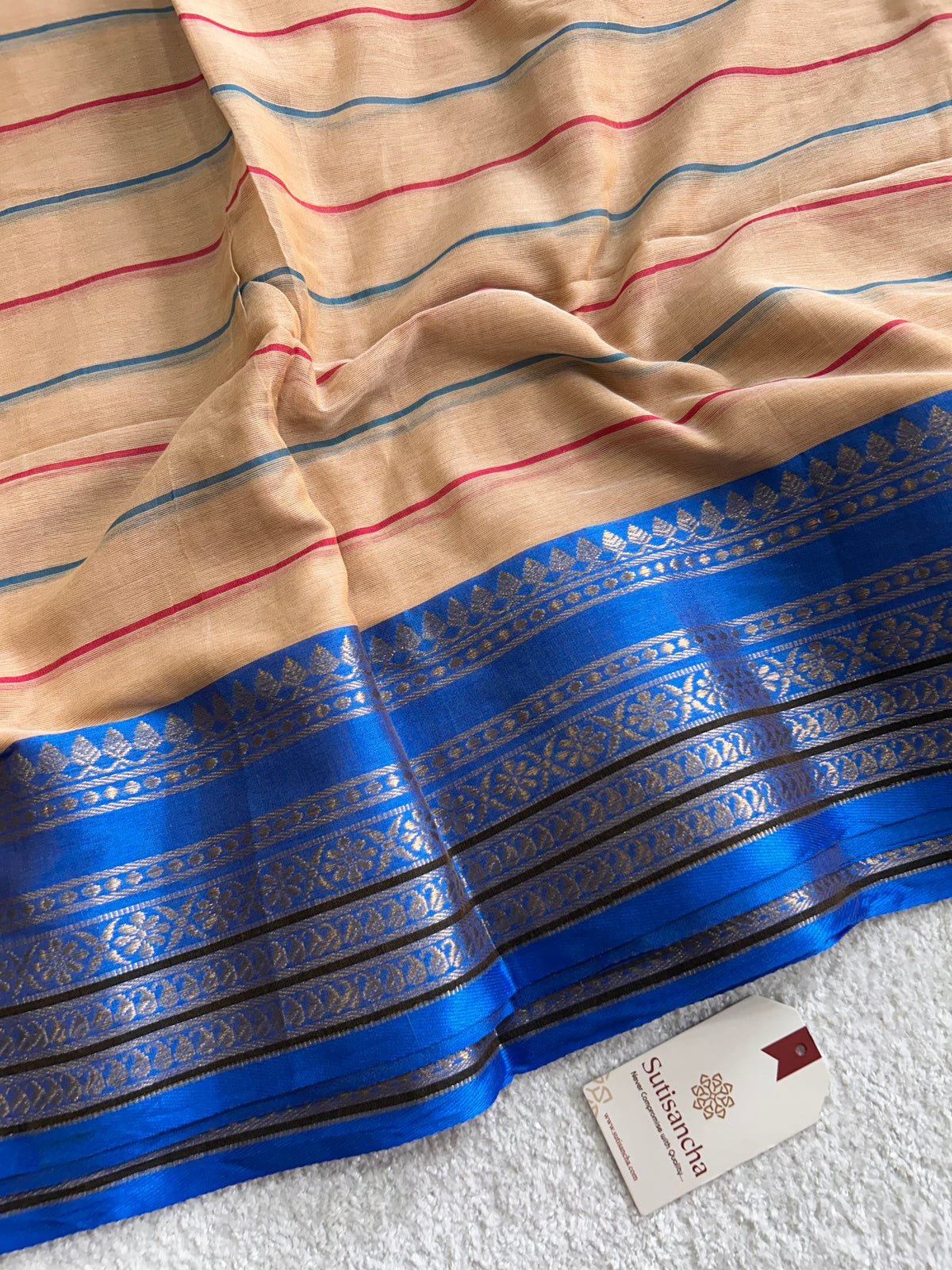 Mulaya Heritage Linear Border Pure Mul Cotton Saree