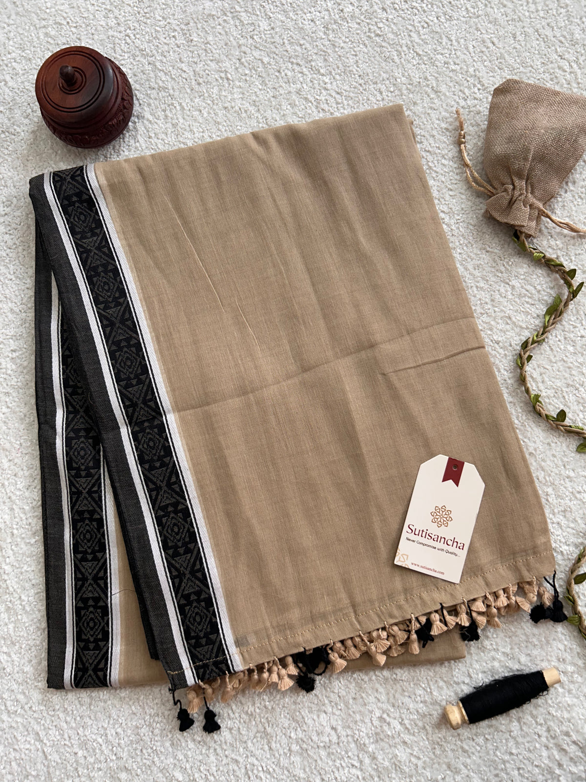 Natural Beige Black Geometric Woven Border Pure Mul Cotton Saree