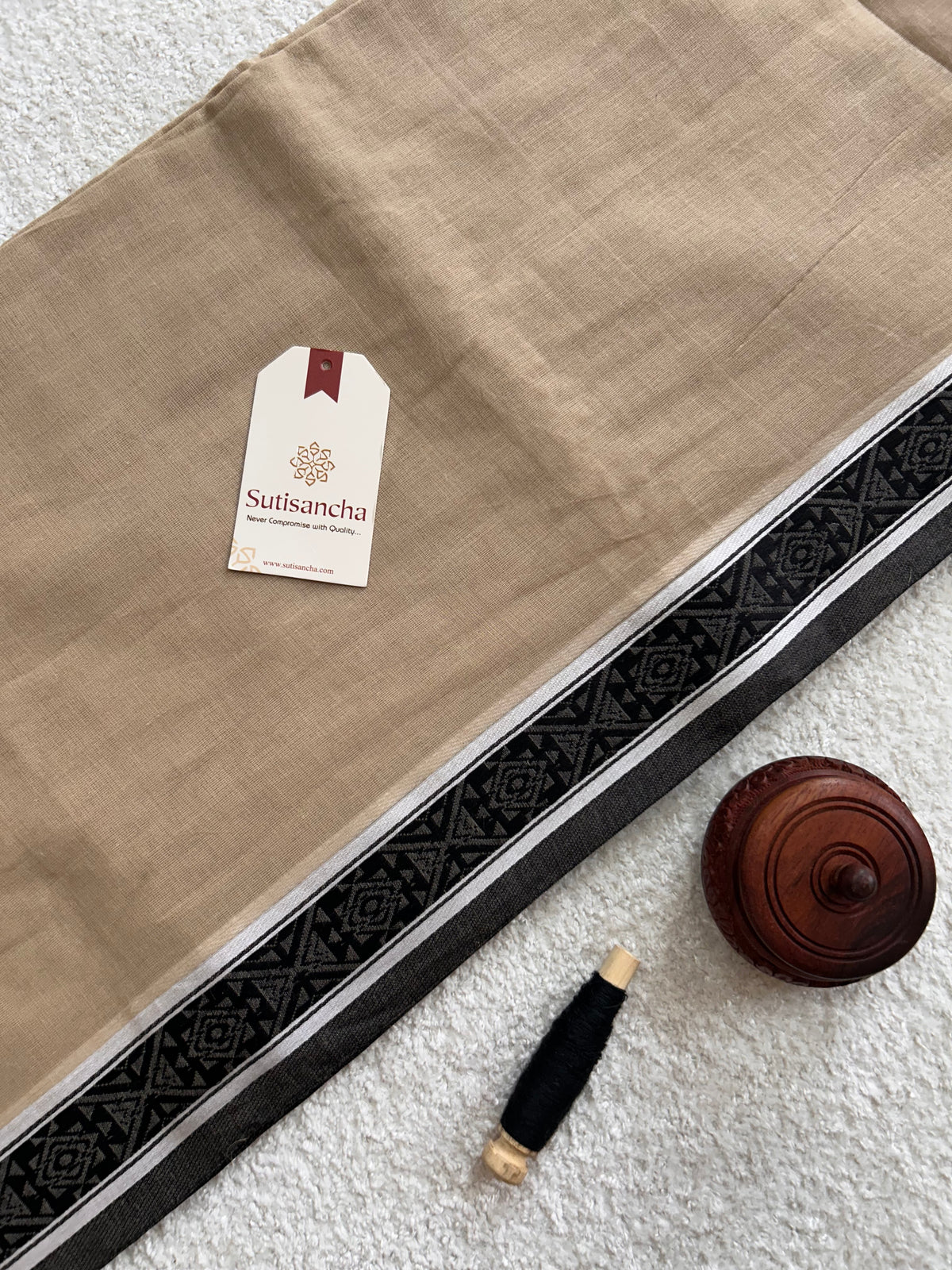Natural Beige Black Geometric Woven Border Pure Mul Cotton Saree