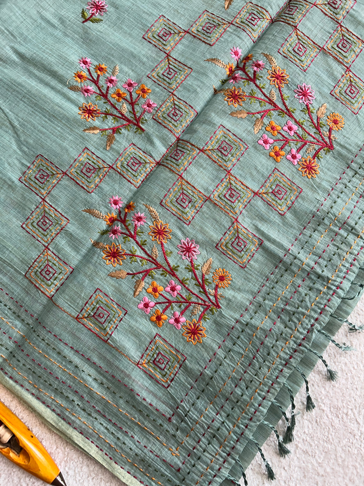 Fiora Botanical Geometric Border Classic Cotton Saree