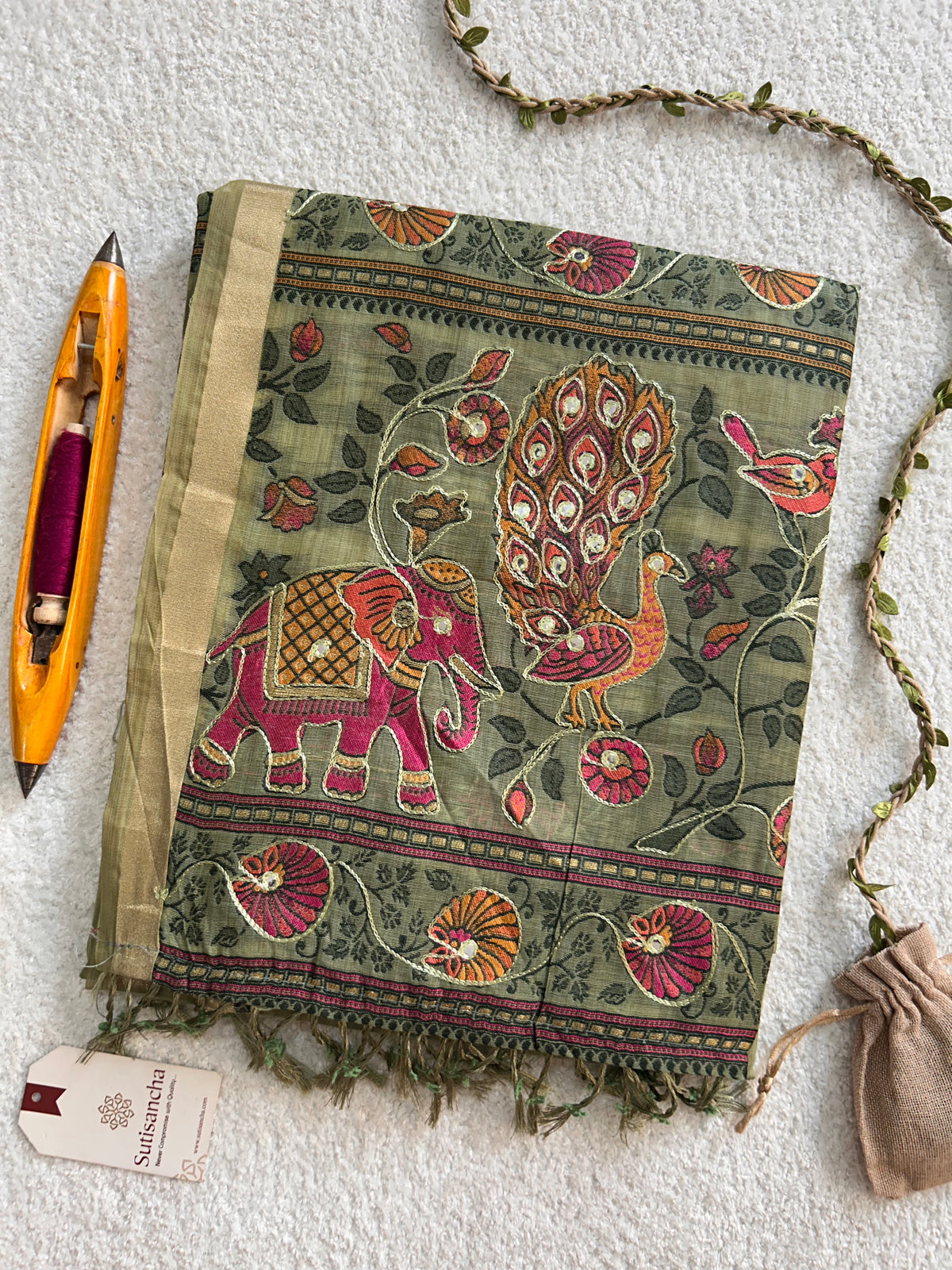 Gajraani Heritage Elephant Peacock Cotton Saree