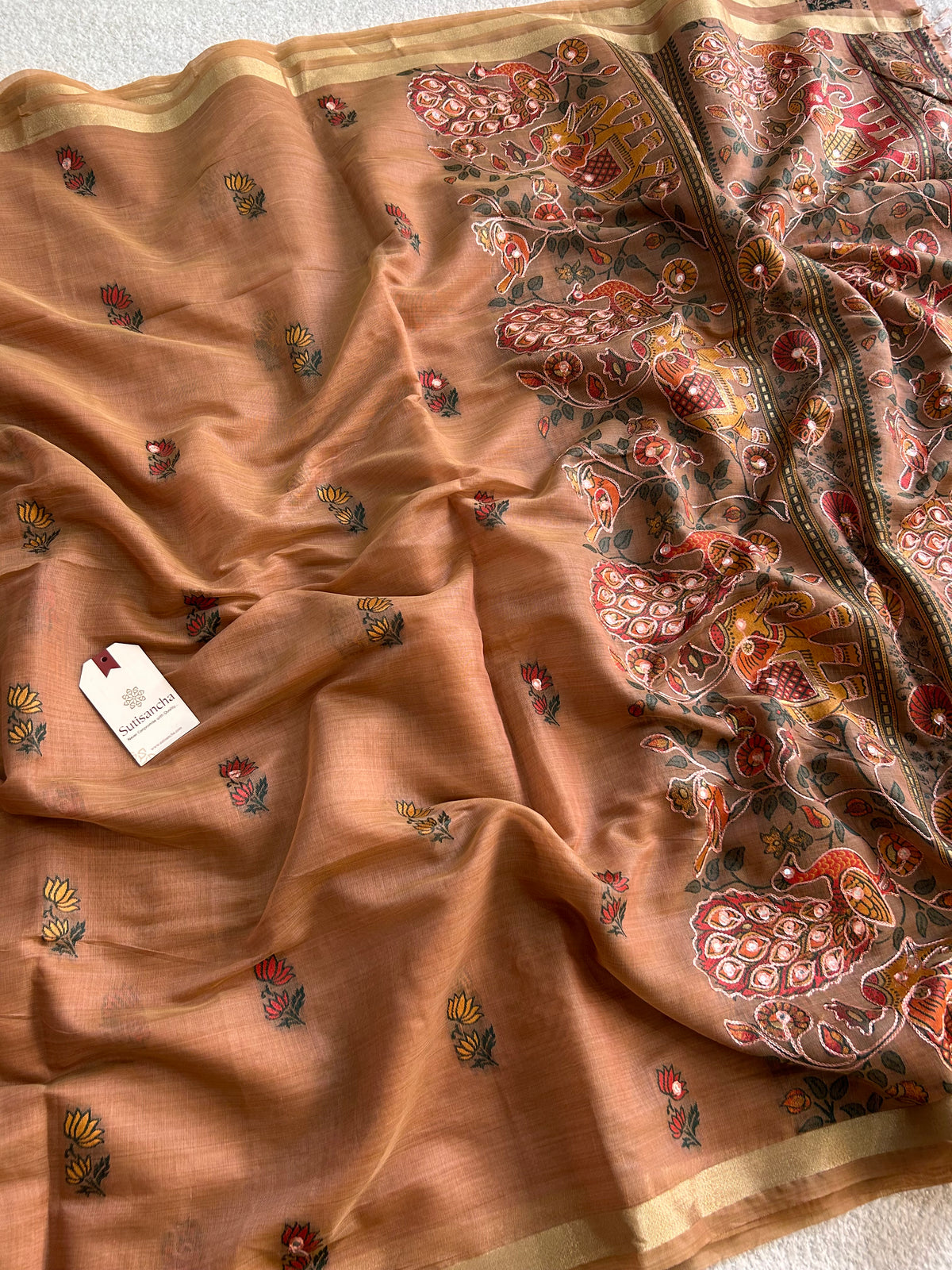 Gajraani Heritage Elephant Peacock Cotton Saree