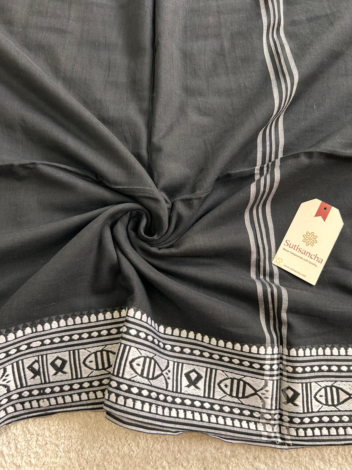 Black Geometric Heritage Border Pure Mul Cotton Saree