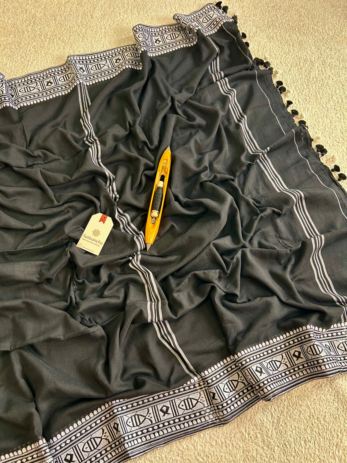 Black Geometric Heritage Border Pure Mul Cotton Saree