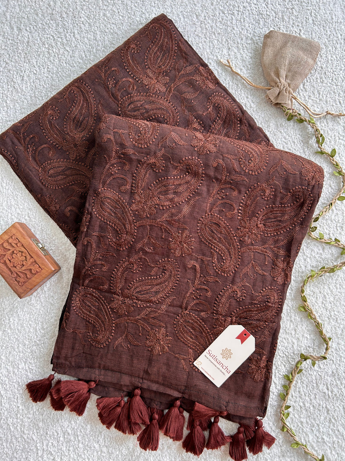 Coffee Brown Floral Paisley Pure Mul Cotton Saree