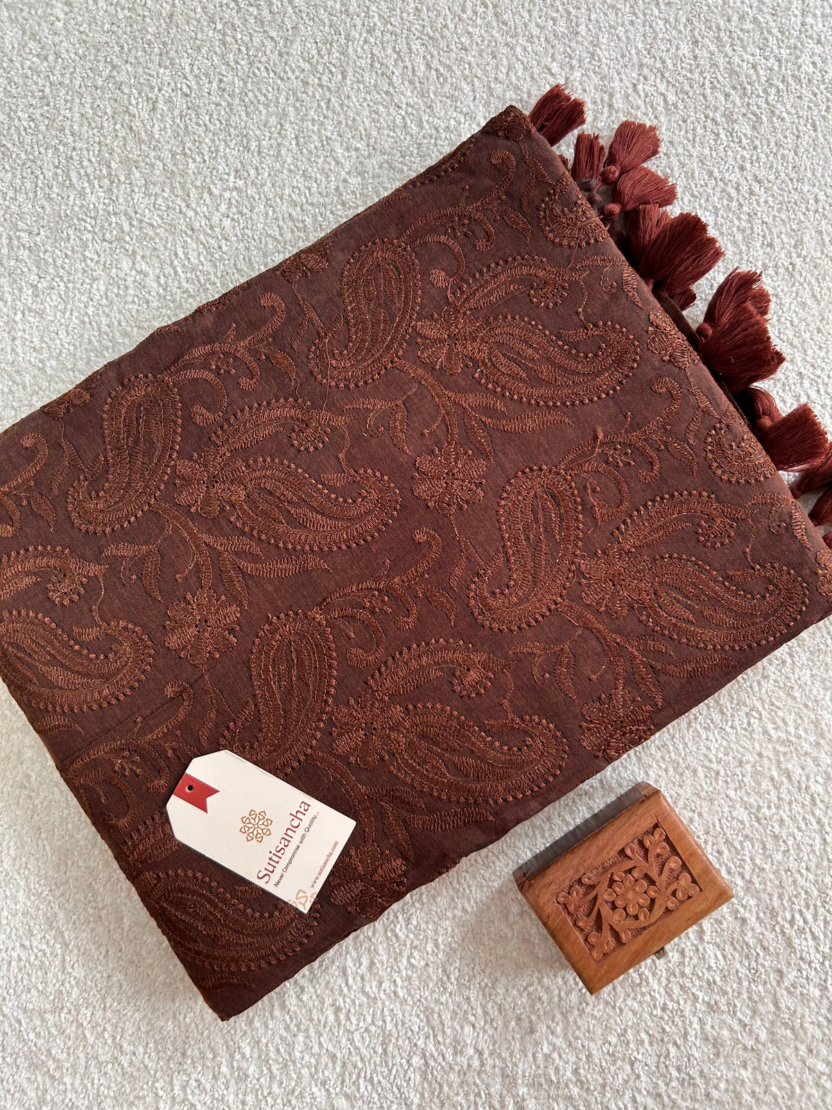 Coffee Brown Floral Paisley Pure Mul Cotton Saree