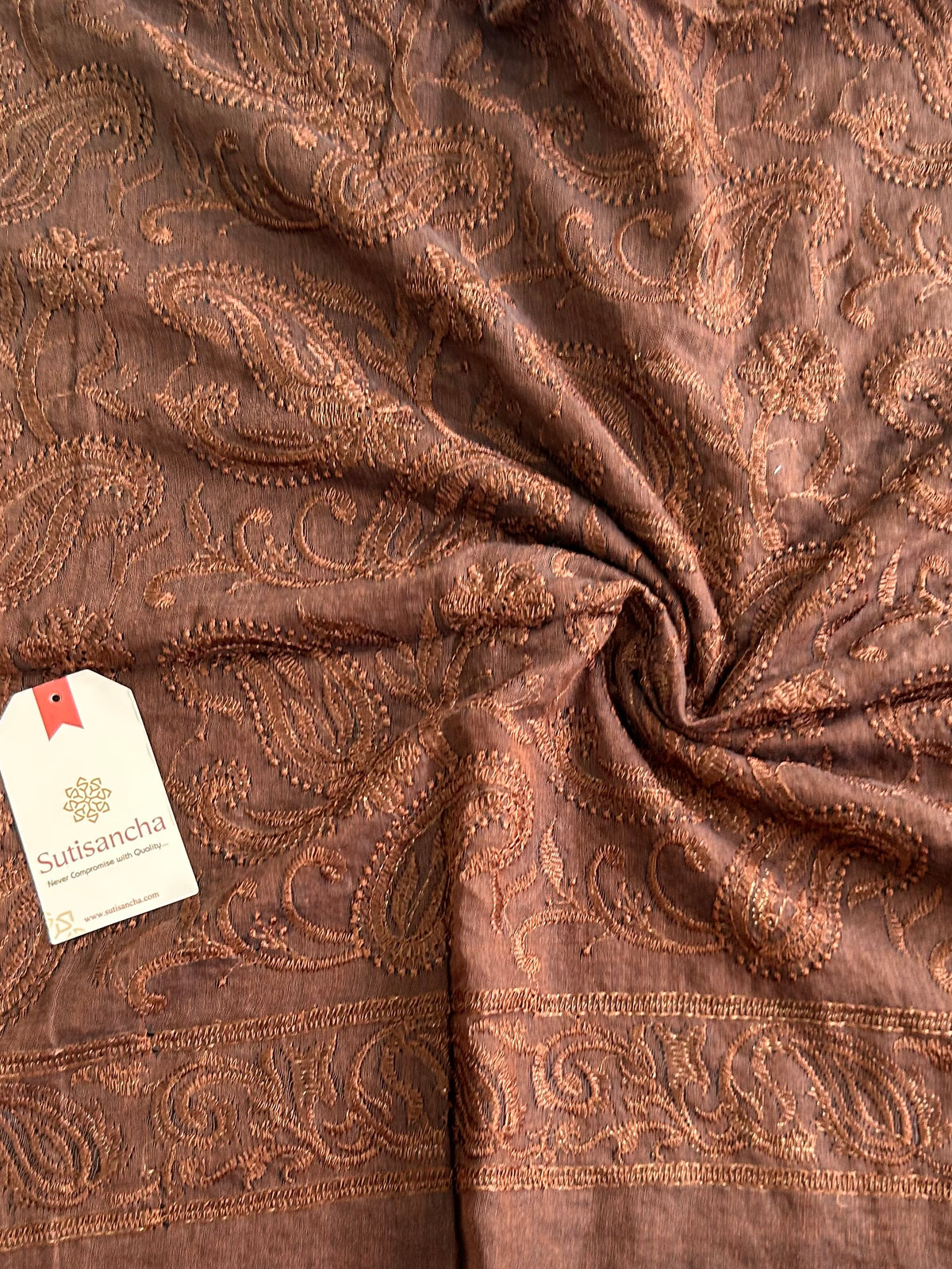Coffee Brown Floral Paisley Pure Mul Cotton Saree