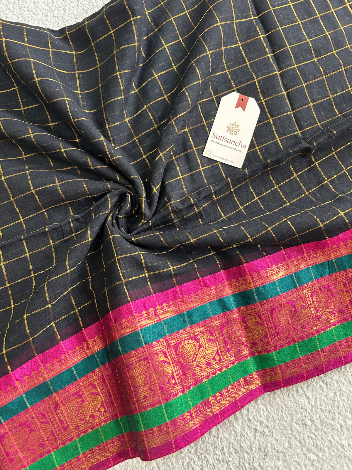Black Golden Zari Checks Pure Mul Cotton Saree with Heritage Border