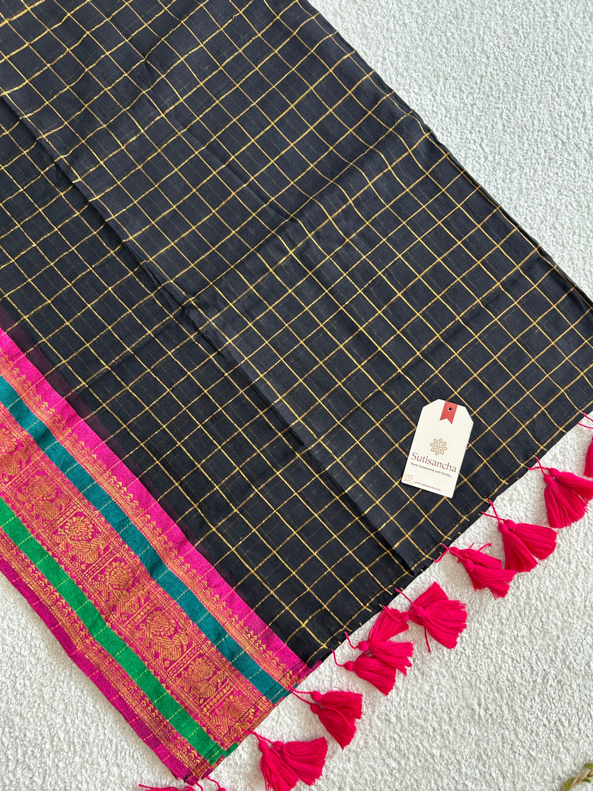 Black Golden Zari Checks Pure Mul Cotton Saree with Heritage Border