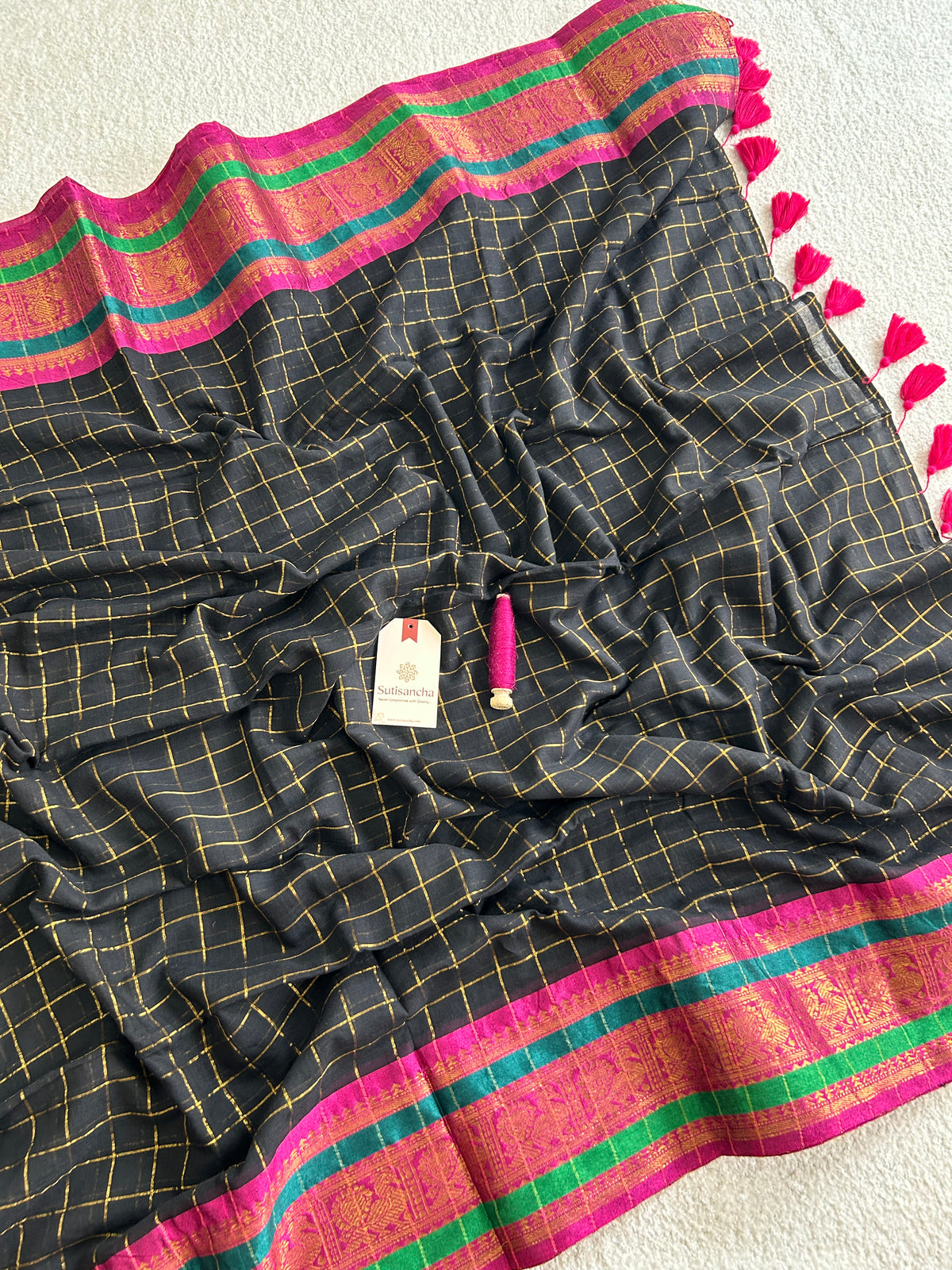 Black Golden Zari Checks Pure Mul Cotton Saree with Heritage Border