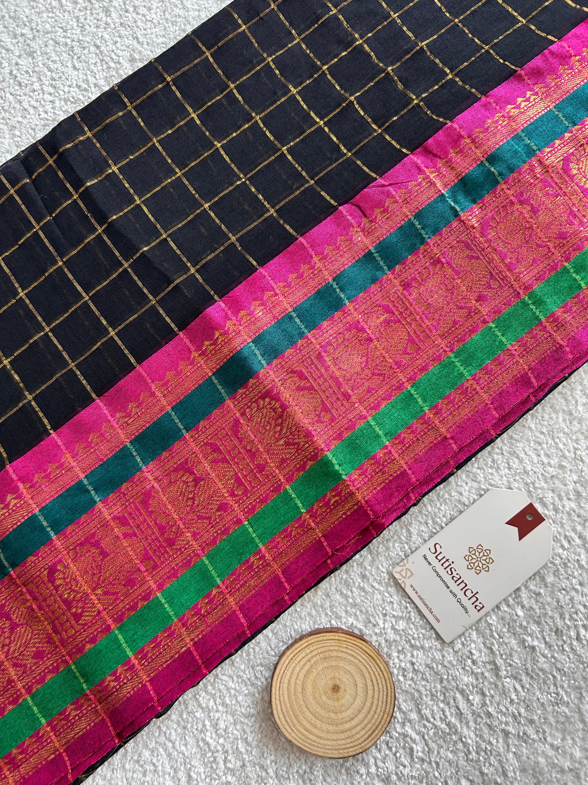 Black Golden Zari Checks Pure Mul Cotton Saree with Heritage Border