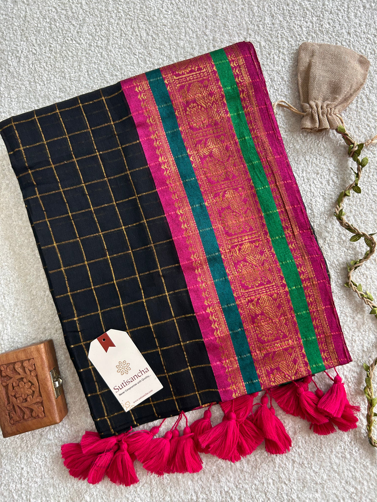Black Golden Zari Checks Pure Mul Cotton Saree with Heritage Border
