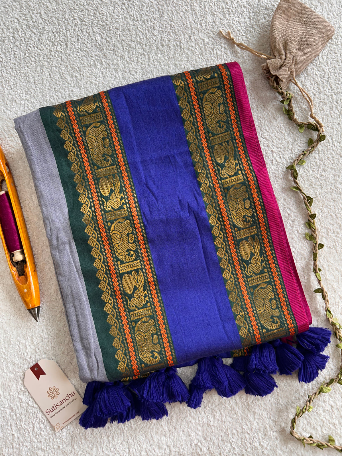 Royal Blue Heritage Zari Border Pure Mul Cotton Saree