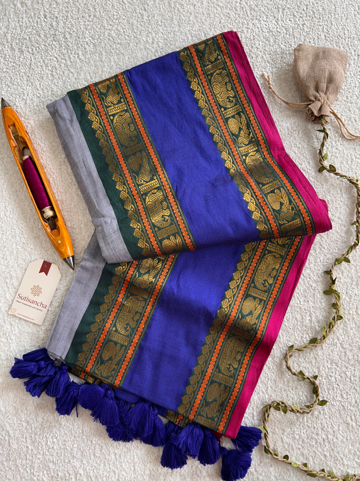 Royal Blue Heritage Zari Border Pure Mul Cotton Saree