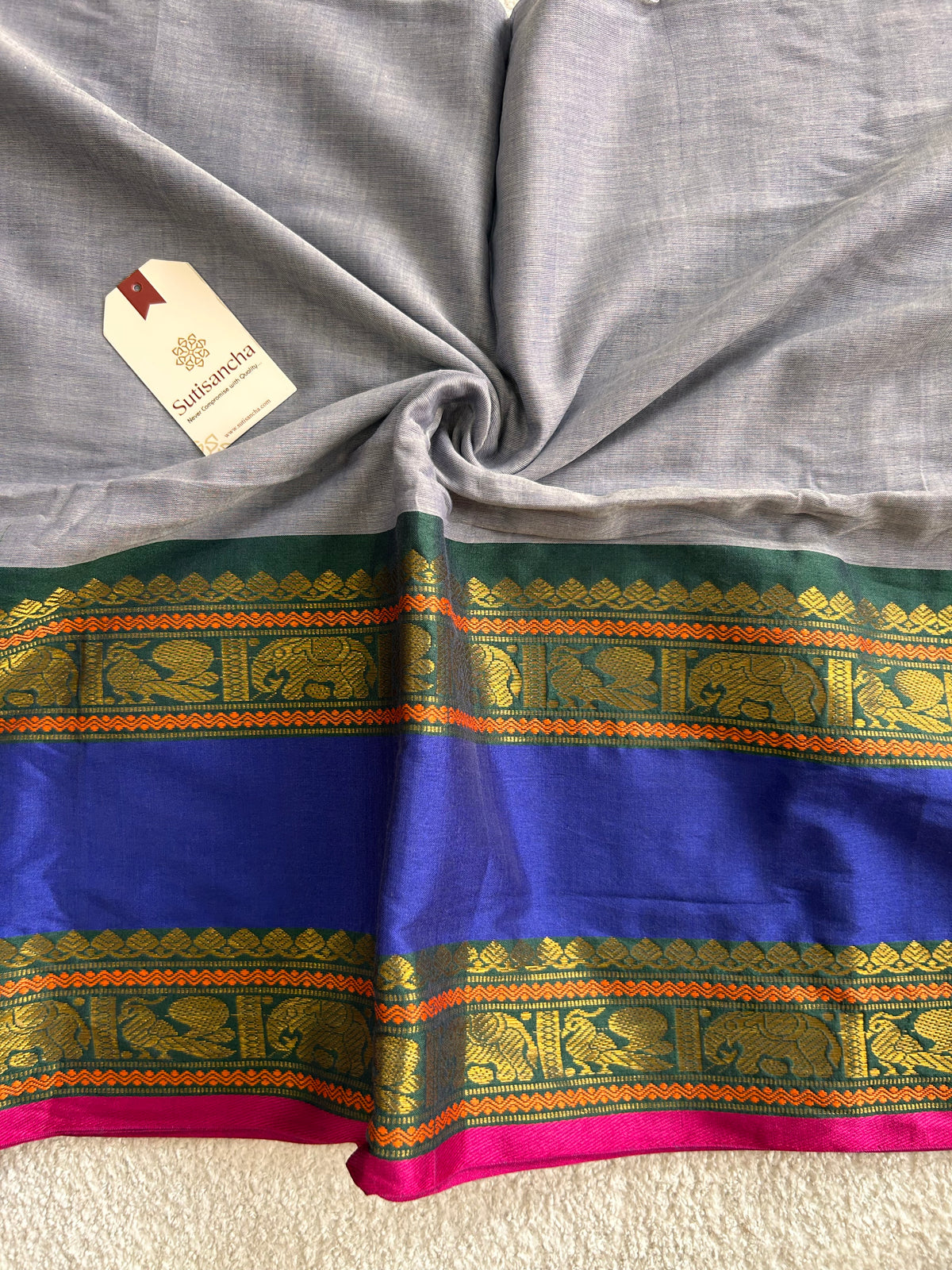 Royal Blue Heritage Zari Border Pure Mul Cotton Saree