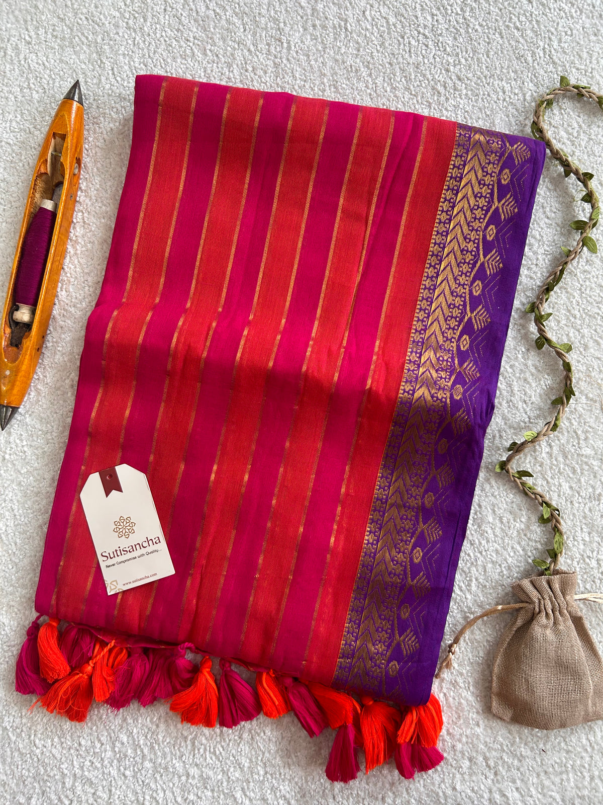 Rani Pink Golden Zari Stripe Heritage Border Pure Mul Cotton Saree